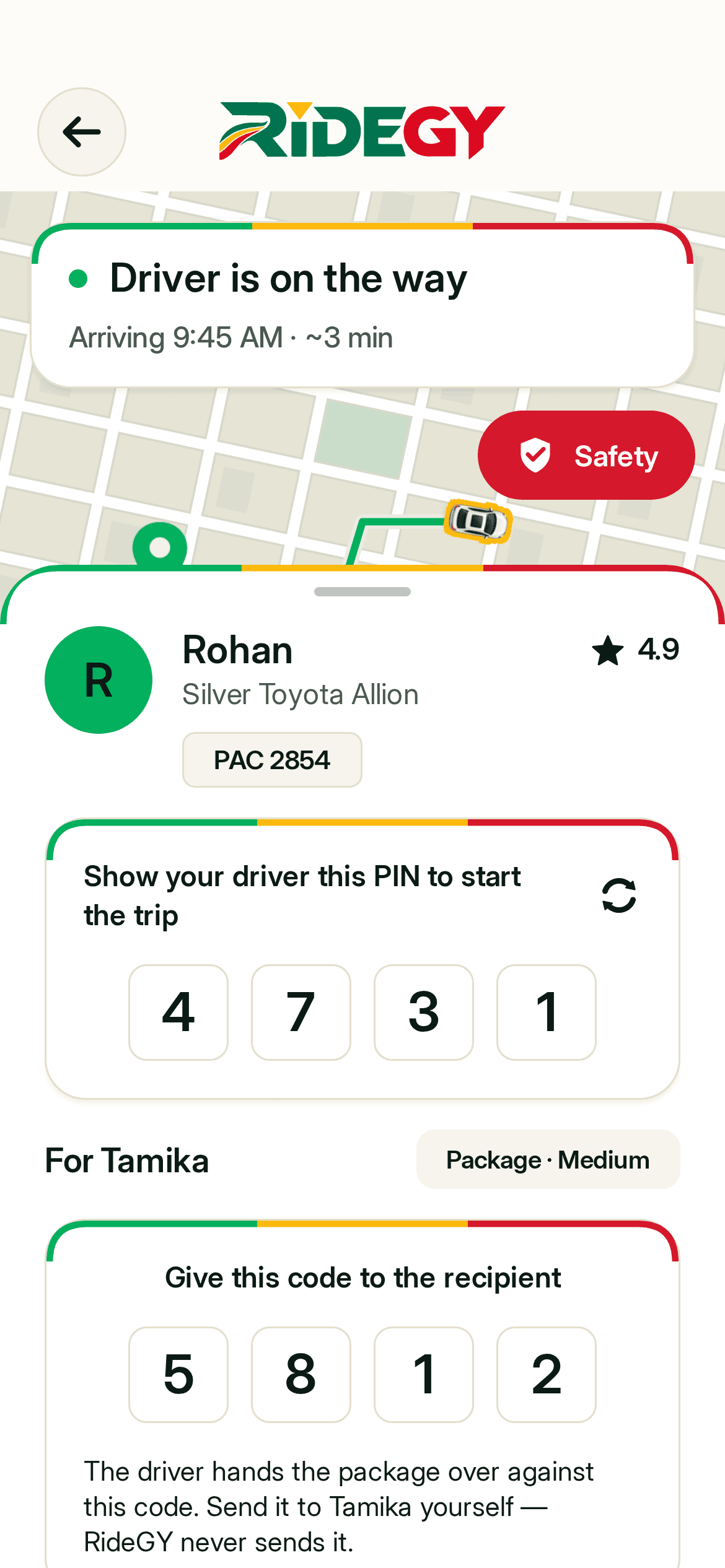 The sender’s trip screen in the RideGY app: the pickup PIN and the code for the recipient