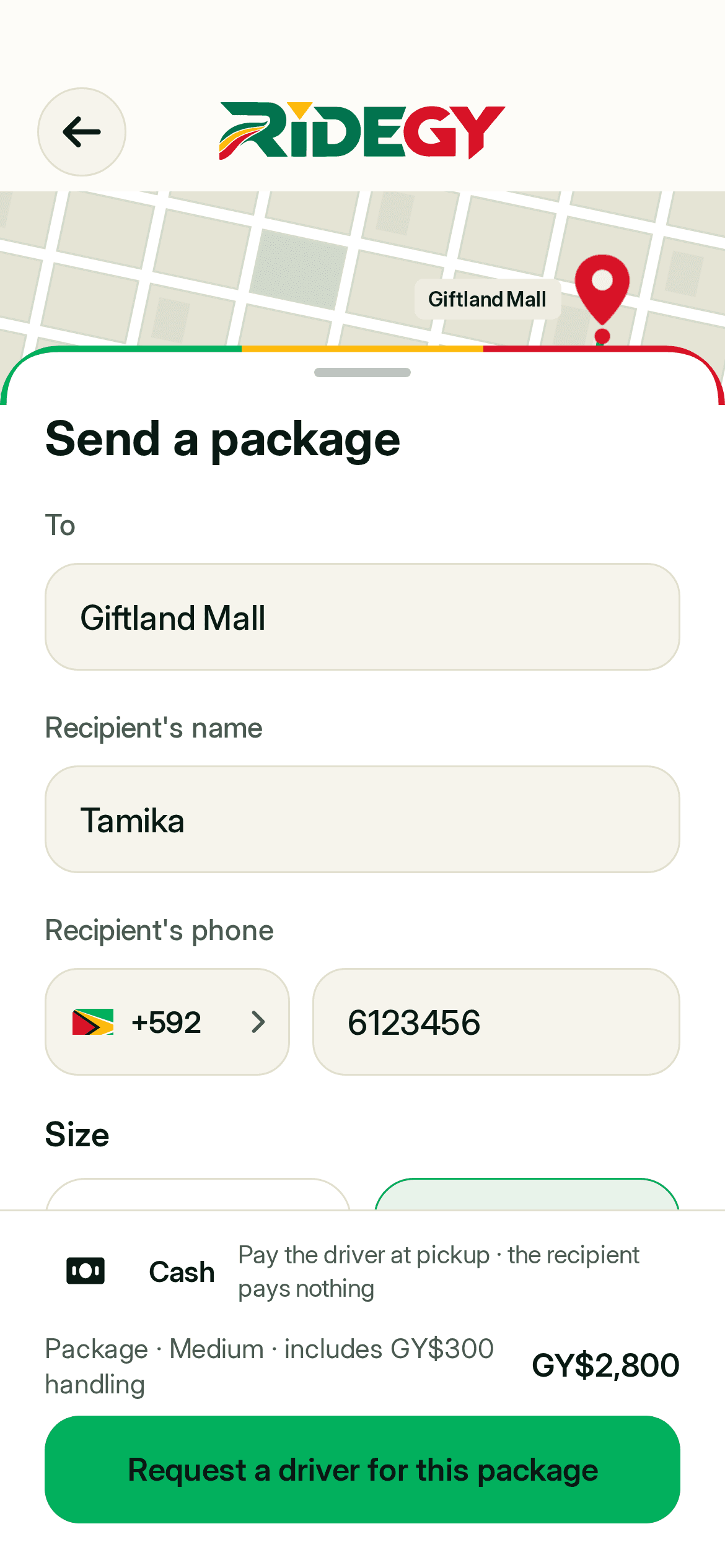 The Send a package form in the RideGY app