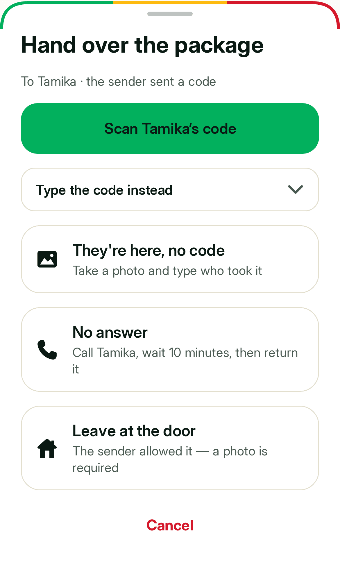 The driver’s hand-over screen in the RideGY app: scan the code, type it, no code, no answer, leave at the door