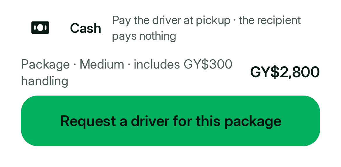 The price line in the RideGY app before you request a driver for a package
