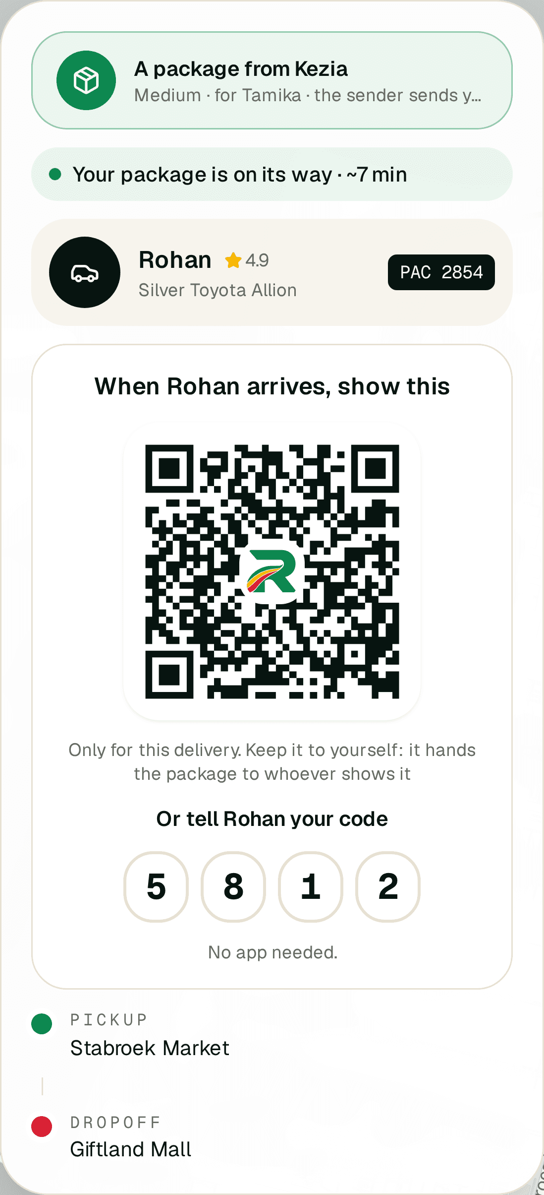 The recipient’s tracking page on ride.gy: the driver, a QR code and a 4-digit code to show at the door
