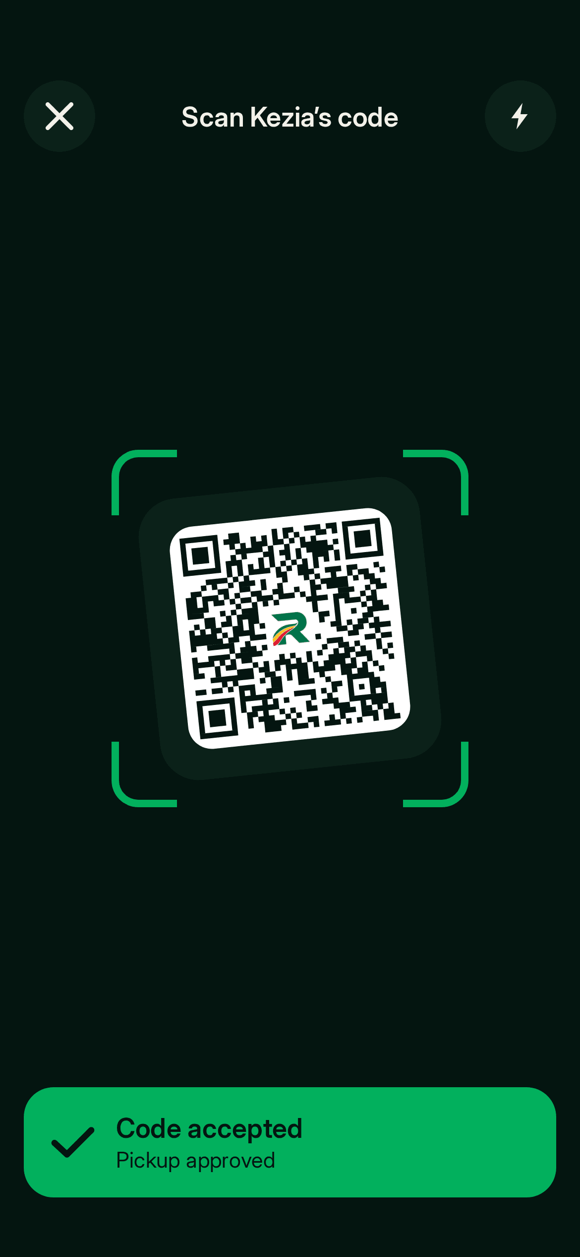 The driver’s scanner in the RideGY app: code accepted