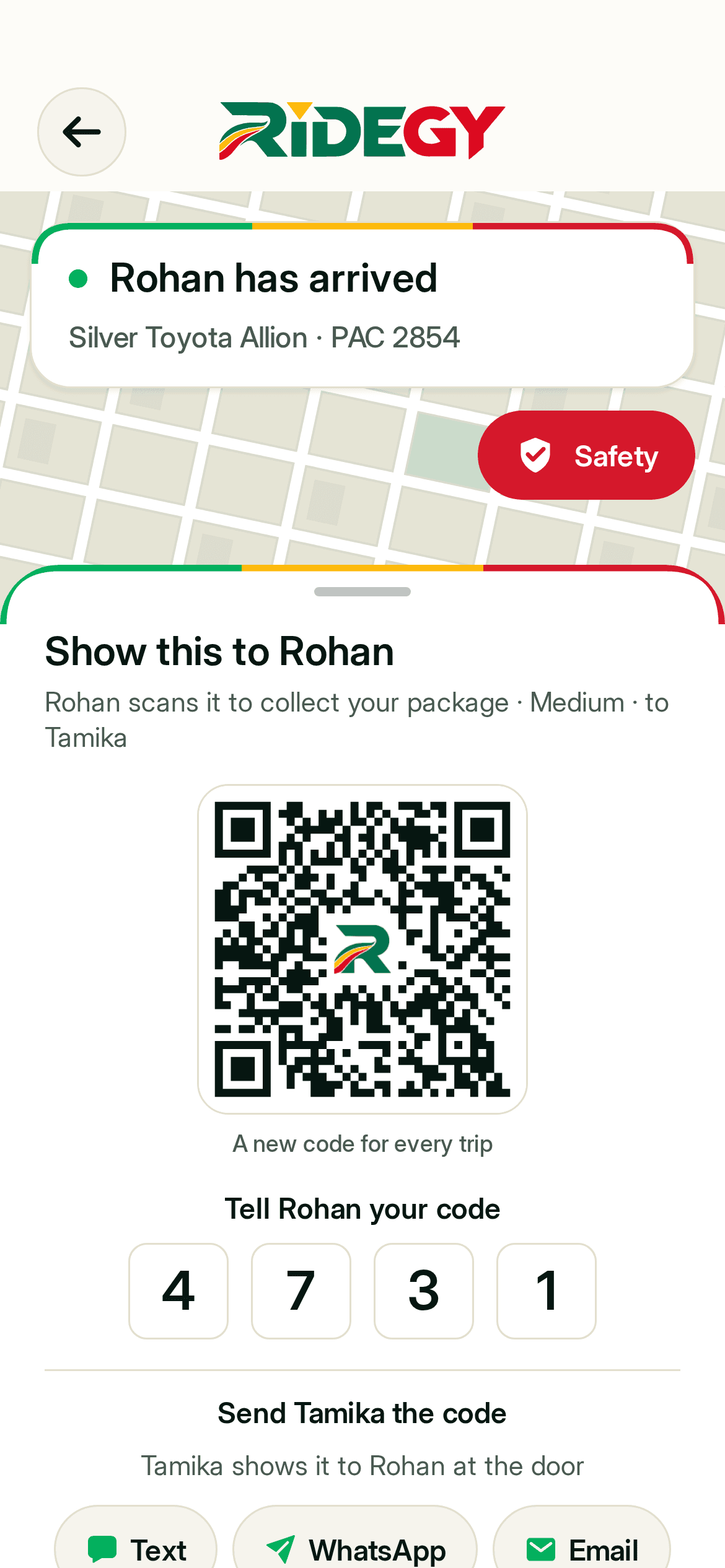 The sender’s code in the RideGY app: a QR code and a 4-digit PIN to show the driver