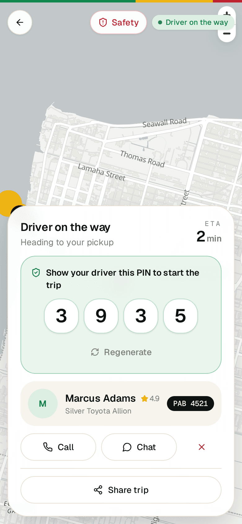 The RideGY rider app: live tracking, the matched driver with rating and plate, and the 4-digit pickup PIN